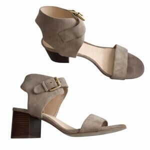 Nine West Gardenbay Taupe Suede Block Heel Gold Tone Buckle Sandals | 8.5
